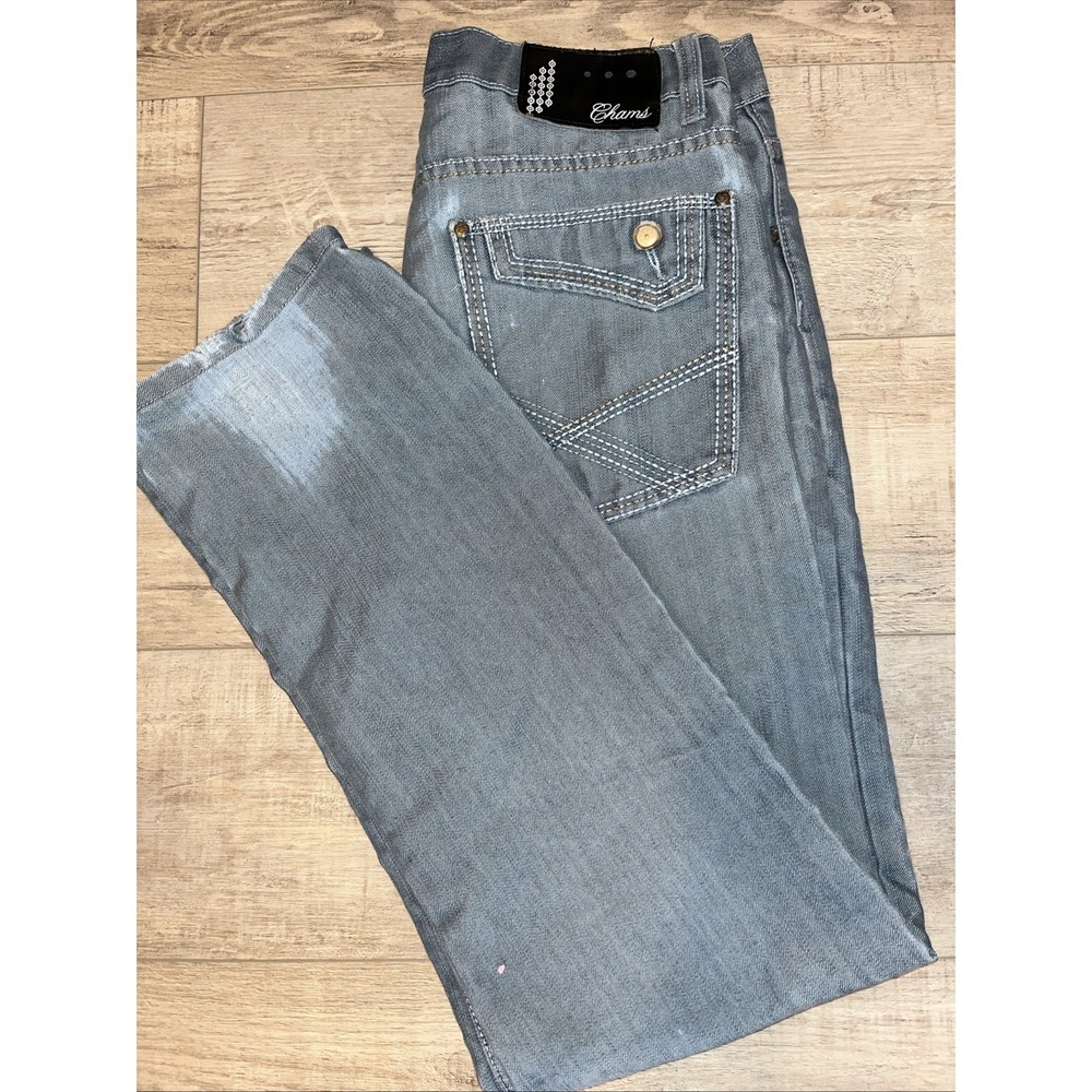 VTG Denim Chams Jean Mens‎ 32 Metallic Blue Logo Cyber  HipHop Y2K